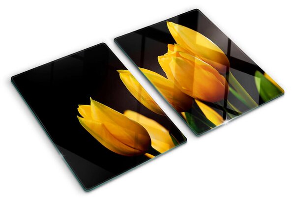 Üveg vágódeszka fényképpel Sárga tulipánok fekete alapon