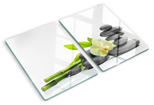 Üveg vágódeszka fényképpel Orchidea és spa kövek