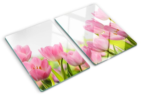 Üveg vágódeszka fényképpel Rózsaszín tulipánok a kertben