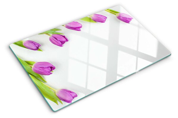 Üveg vágódeszka fényképpel Tulipánok fehér alapon