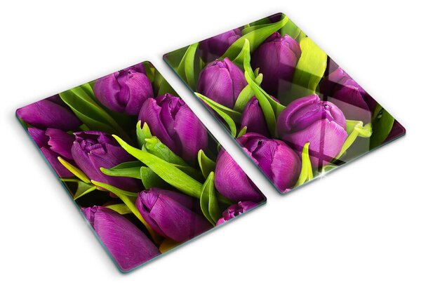 Üveg vágódeszka fényképpel Lila tulipánok zöld levelekkel