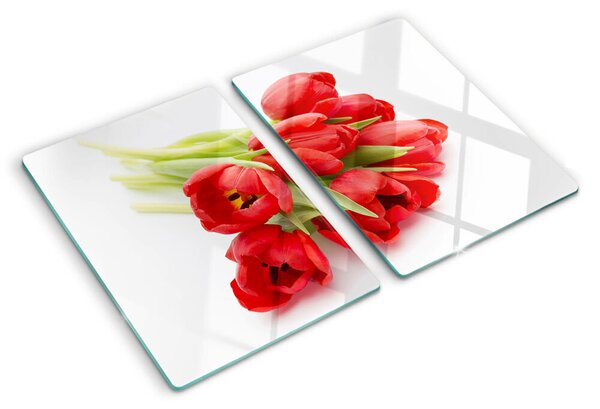 Üveg vágódeszka fényképpel Piros tulipánok fehér alapon