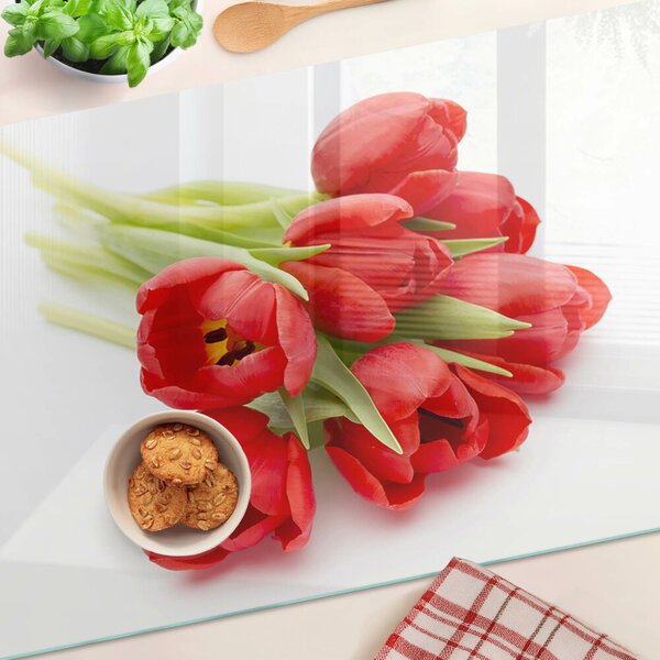 Üveg vágódeszka fényképpel Piros tulipánok fehér alapon