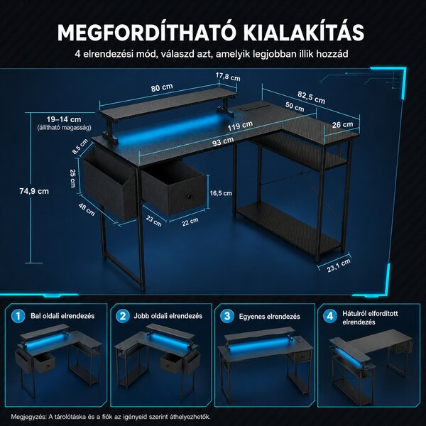 L alakú íróasztal, gamer asztal 120*83*74cm, fekete LED világítás, EU hálózati elosztóval, USB porttal (MK-1B)