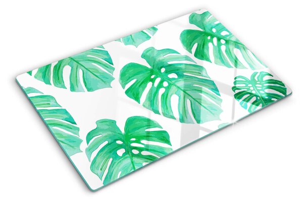 Edzett üveg vágódeszka Monstera levelek fehér alapon