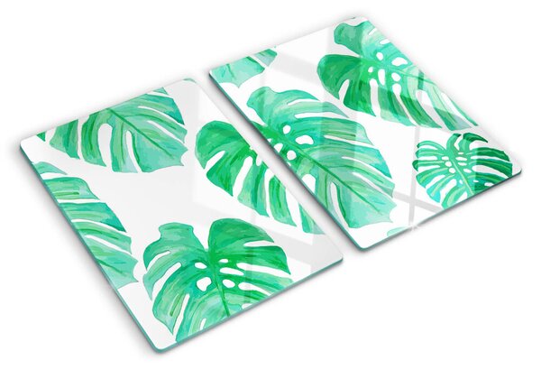 Edzett üveg vágódeszka Monstera levelek fehér alapon