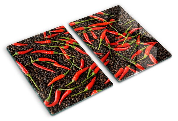 Üveg vágódeszka fényképpel Chili paprika fekete borssal