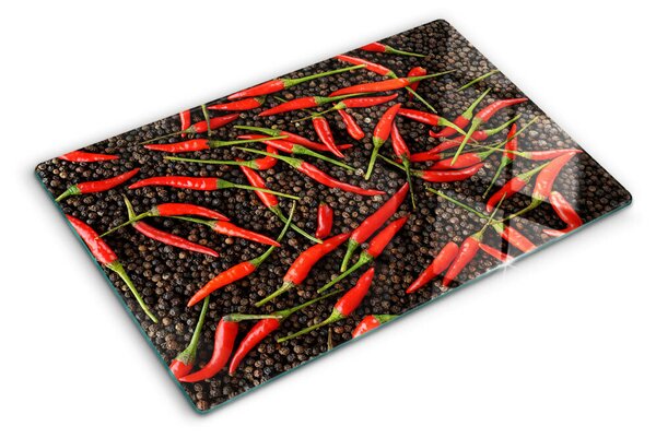 Üveg vágódeszka fényképpel Chili paprika fekete borssal