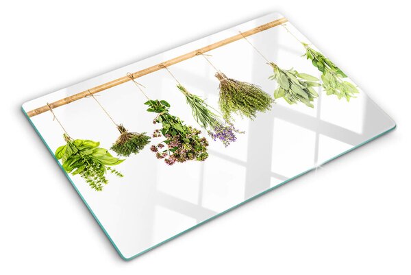 Üveg vágódeszka fényképpel Zsinóron szárított gyógynövények