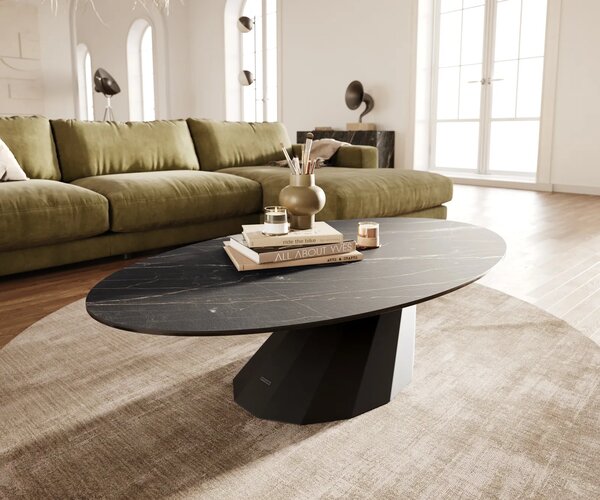 DELIFE Dohányzóasztal Edge ovális 140x80 cm Laminam® kerámia Noir Desir barna Parabi fém fekete
