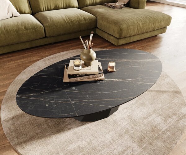 DELIFE Dohányzóasztal Edge ovális 140x80 cm Laminam® kerámia Noir Desir barna Parabi fém fekete
