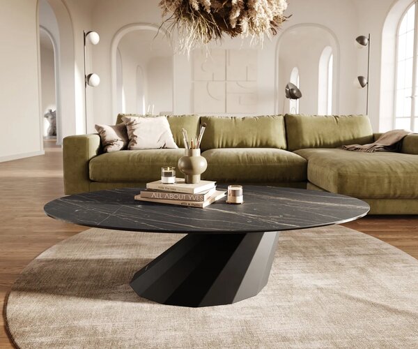 DELIFE Dohányzóasztal Edge ovális 140x80 cm Laminam® kerámia Noir Desir barna Parabi fém fekete