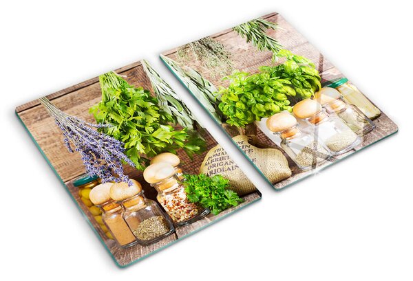 Üveg vágódeszka fényképpel Fűszerek és gyógynövények a konyhában