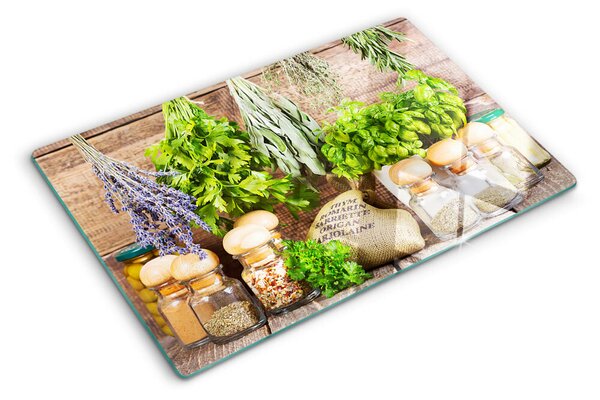 Üveg vágódeszka fényképpel Fűszerek és gyógynövények a konyhában