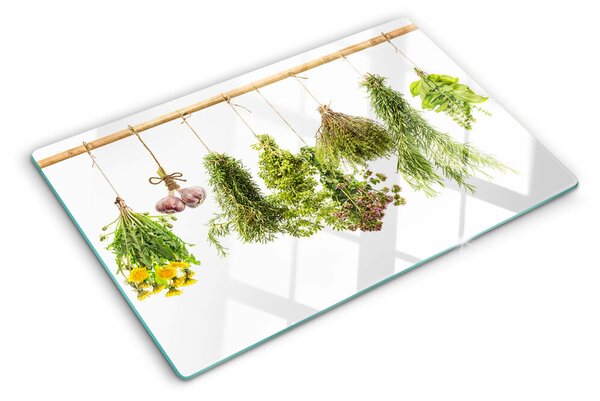 Üveg vágódeszka fényképpel Lógó csokrokba állított gyógynövények