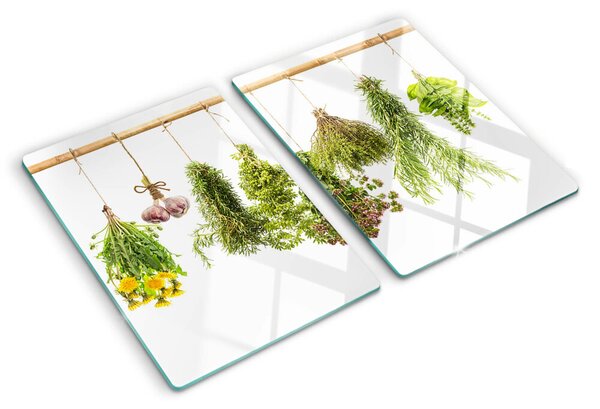Üveg vágódeszka fényképpel Lógó csokrokba állított gyógynövények