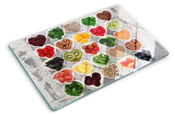 Üveg vágódeszka Gyümölcsök és zöldségek a szívekben