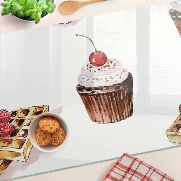 Üveg vágódeszka fényképpel Gofri és cupcakes cseresznyével