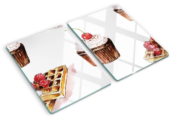 Üveg vágódeszka fényképpel Gofri és cupcakes cseresznyével