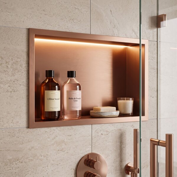 Süllyesztett fürdőszobai polc LED 30x45 brush copper