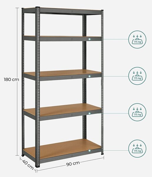 Polc 5 szintes, Songmics, 40 x 90 x 180 cm, fekete, GLR040G01