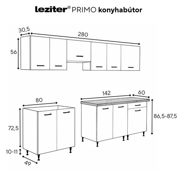 Primo 280 konyhabútor fehér, rauna szil munkalappal