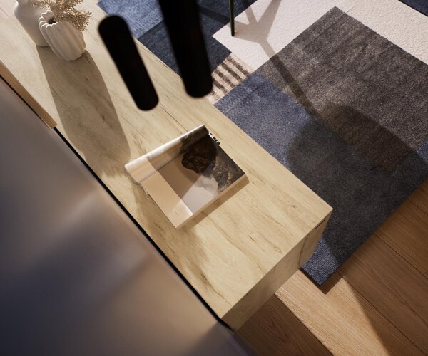 DELIFE Komód Cuor 180 cm kerámia Laminam® Sabbia tölgyszínű 2 ajtós 3 fiókos láb lebegő rozsdamentes acél