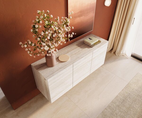 DELIFE Komód Cuor 150 cm Laminam® Travertino Bianco krémfehér 3 ajtós lebegő