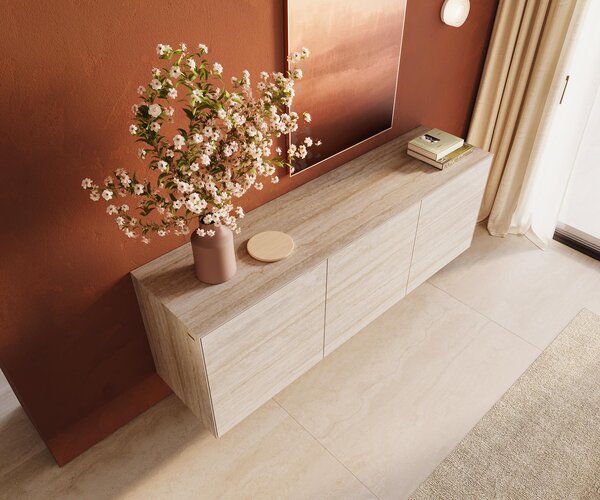 DELIFE Komód Cuor 180 cm kerámia Laminam® Travertino Bianco krémfehér 2 ajtós 3 fiókos lebegő