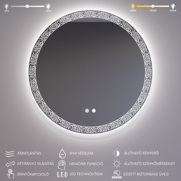 Kerek Led tükör Ø70cm Welland Bali | Páramentesítő - Fényerő + színhőfok állítás