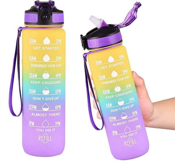 Színátmenetes motivációs kulacs idézetekkel és időskálával (1000 ml) - Sárga/Kék/Lila