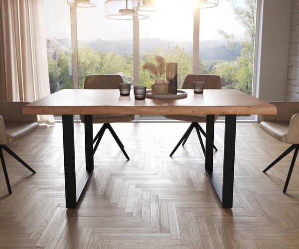 DELIFE Étkezőasztal Edge 160x90 XL akác természetes fekete vékony lábazat Live-Edge