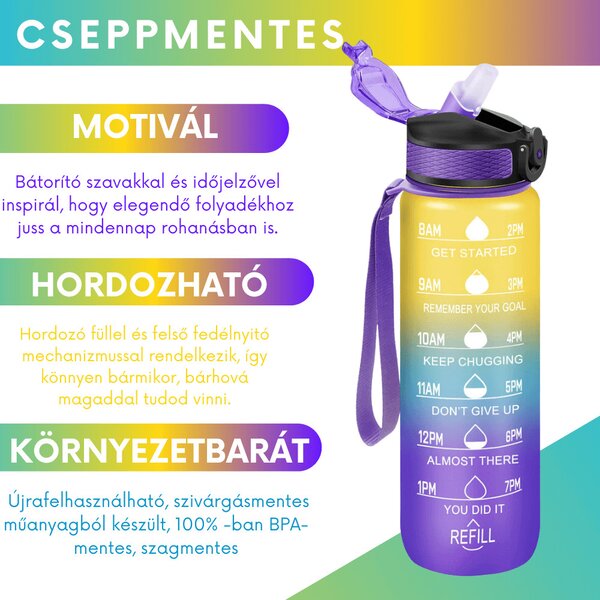 Színátmenetes motivációs kulacs idézetekkel és időskálával (1000 ml) - Sárga/Kék/Lila