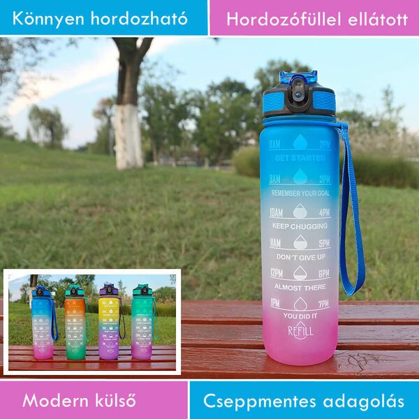 Színátmenetes motivációs kulacs idézetekkel és időskálával (1000 ml) - Kék/Rózsaszín