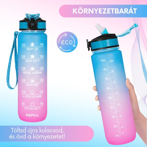 Színátmenetes motivációs kulacs idézetekkel és időskálával (1000 ml) - Kék/Rózsaszín