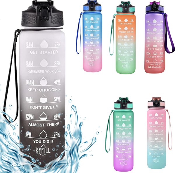 Színátmenetes motivációs kulacs idézetekkel és időskálával (1000 ml) - Fehér/Fekete