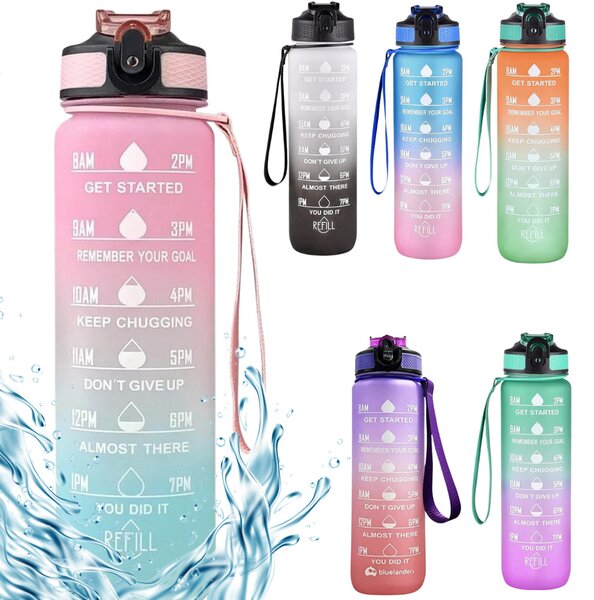 Színátmenetes motivációs kulacs idézetekkel és időskálával (1000 ml) - Babarózsaszín/Babakék