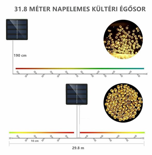 Napelemes Karácsonyi Meleg Színű Égősor - 100 LED - 11.8 méter