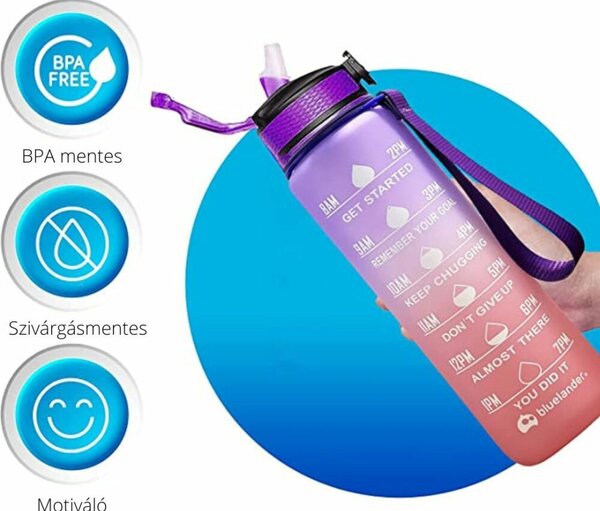 Színátmenetes motivációs kulacs idézetekkel és időskálával (1000 ml) - Lila/Barack