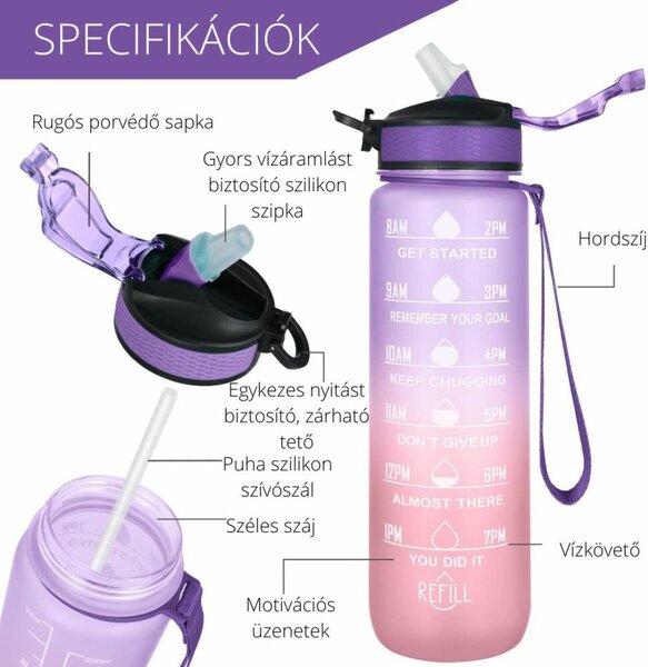 Színátmenetes motivációs kulacs idézetekkel és időskálával (1000 ml) - Lila/Barack
