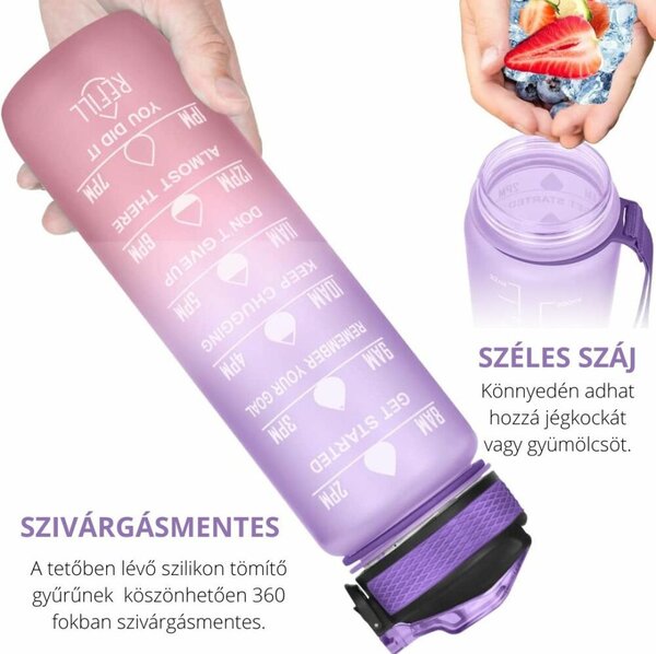 Színátmenetes motivációs kulacs idézetekkel és időskálával (1000 ml) - Lila/Barack