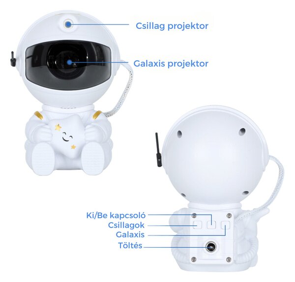 Ülő asztronauta, galaxis projektor (LED) - Fehér/Csillagos