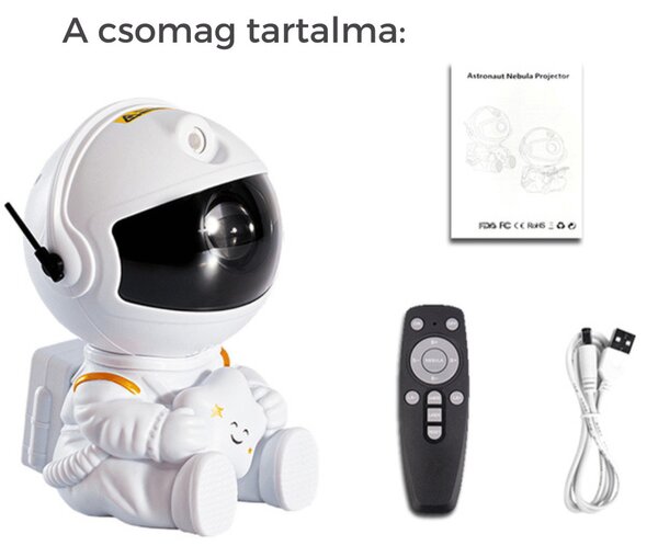 Ülő asztronauta, galaxis projektor (LED) - Fehér/Csillagos
