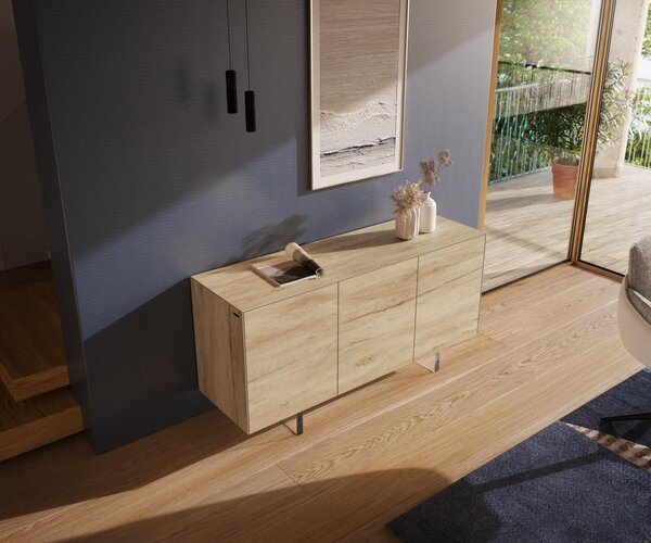 DELIFE Komód Cuor 150 cm kerámia Laminam® sabbia tölgyszínű 3 ajtós lebegő láb akrilüveg