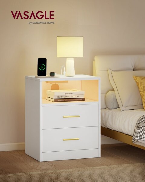 Noptiera cu prize, USB si LED, Custos, Alb, 30x40.1x50.2 cm