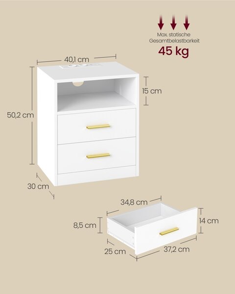Noptiera cu prize, USB si LED, Custos, Alb, 30x40.1x50.2 cm