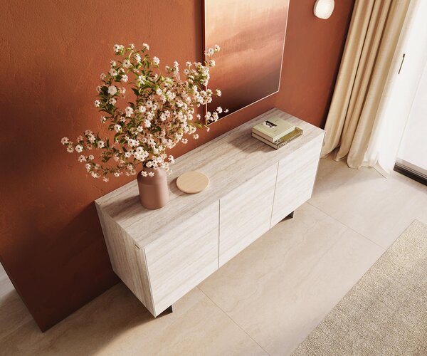 DELIFE Komód Cuor 150 cm kerámia Laminam® Travertino Bianco krémfehér 3 ajtós lebegő láb rozsdamentes acél