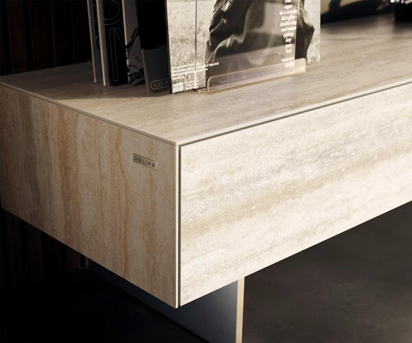 DELIFE TV szekrény Cuor 150 cm kerámia Laminam® Travertino Bianco krémfehér 1 billenő ajtó 1 fiókos lebegő rozsdamentes acél láb