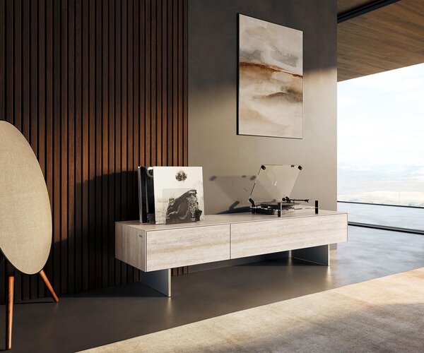 DELIFE TV szekrény Cuor 150 cm kerámia Laminam® Travertino Bianco krémfehér 1 billenő ajtó 1 fiókos lebegő rozsdamentes acél láb