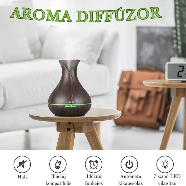 Váza formájú ultrahangos aromaterápiás diffúzor - Sötét fa